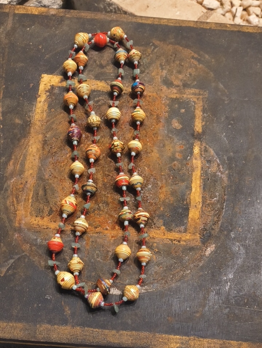 Fun Handcrafted Vintage Multi-Color Paper Bead Necklace 22in. Overall Loop 11